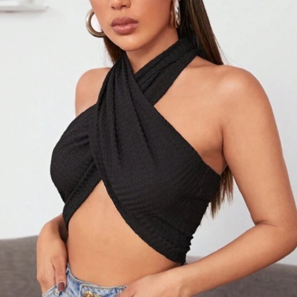 SHEIN Black Cross Wrap Crop Top